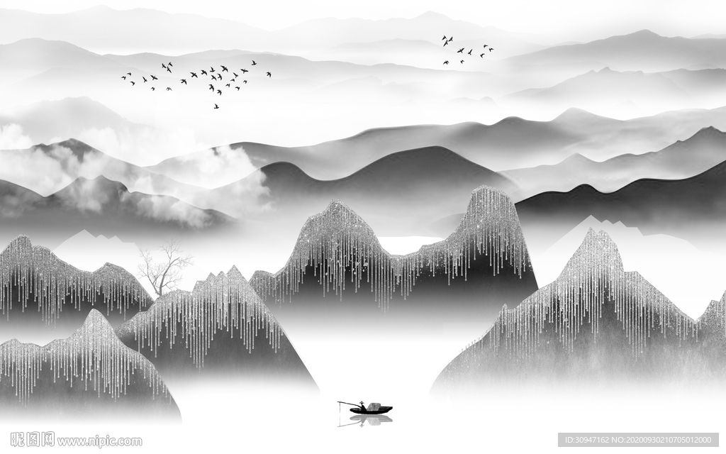 最新 山水灰色框画 TIF分层