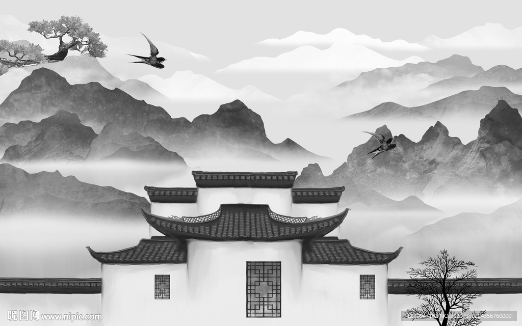 徽派 灰色山水背景 TIF分层