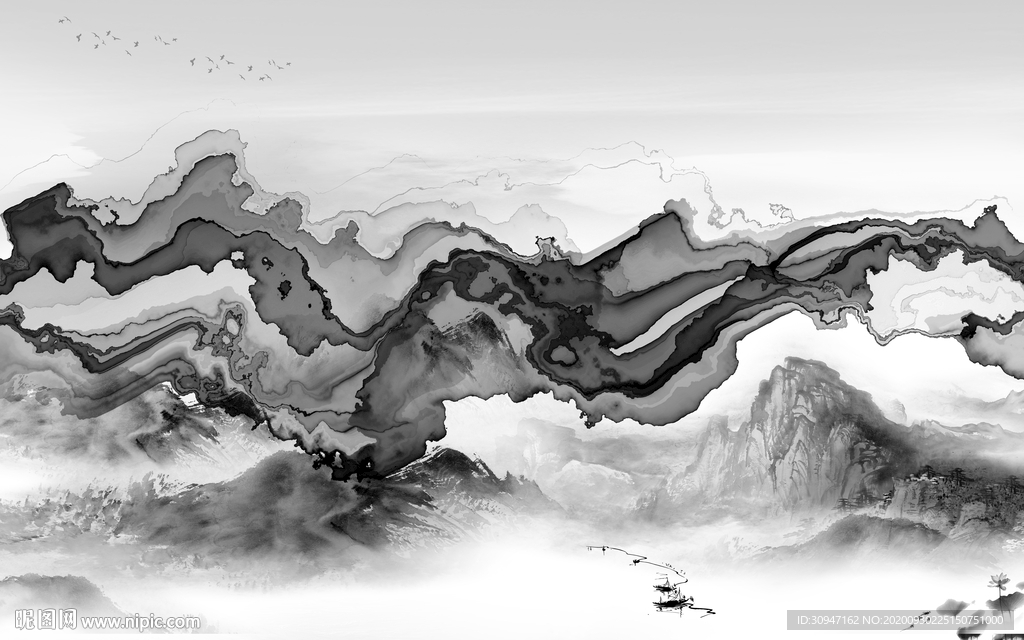 烟雾山水灰色框画 TIF分层