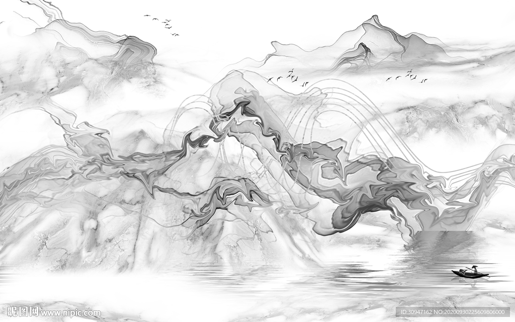 线条灰色山水新画 TIF分层