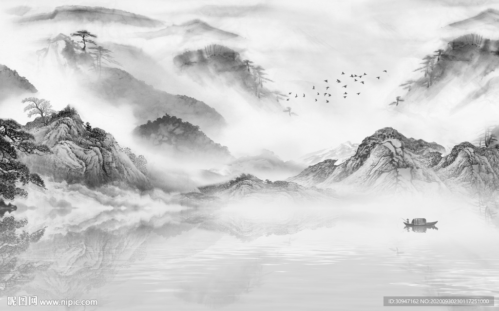 中式灰色山水新画 TIF分层