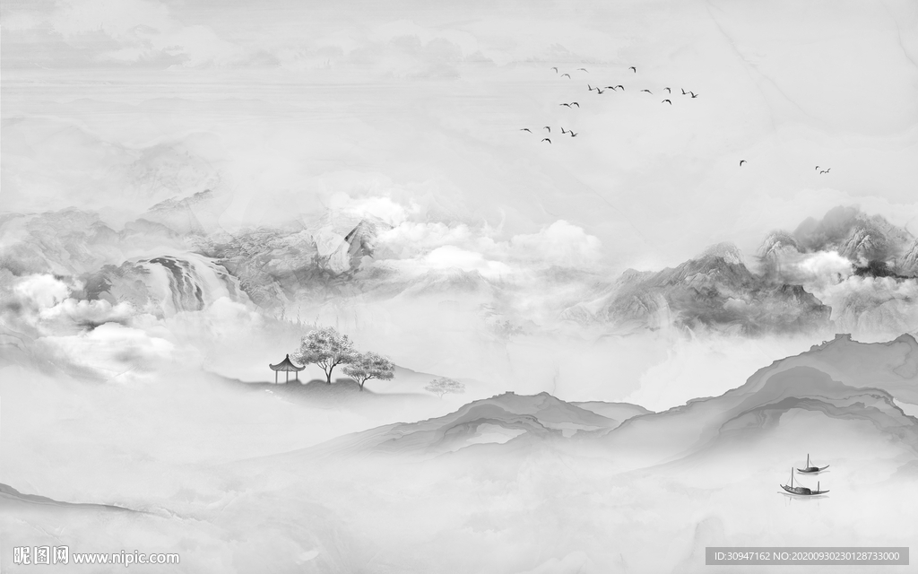 爆款灰色山水新画 TIF分层