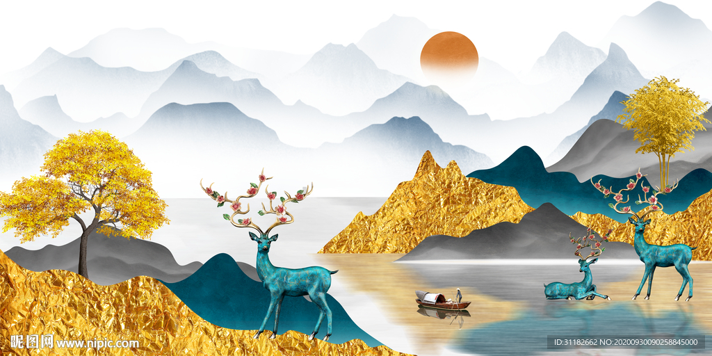 麋鹿山水装饰画