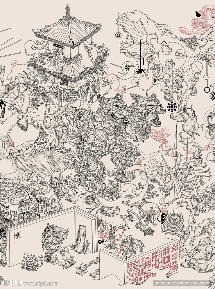 工笔手绘高清庭楼