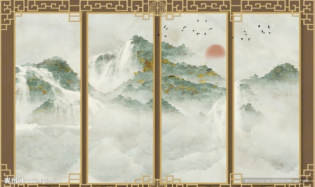 日出东方中式电视背景墙