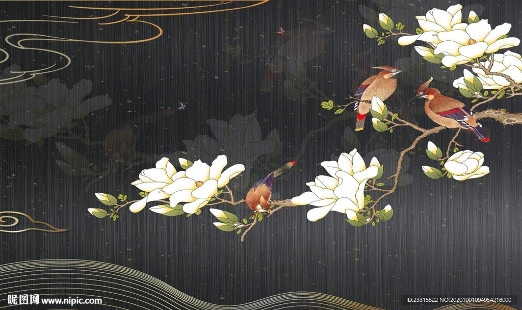 白玉兰画眉新中式电视背景墙