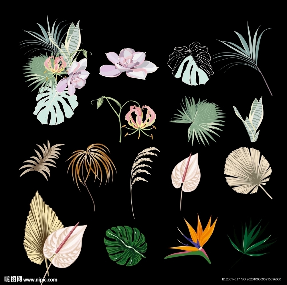 热带风手绘花卉植物分层素材