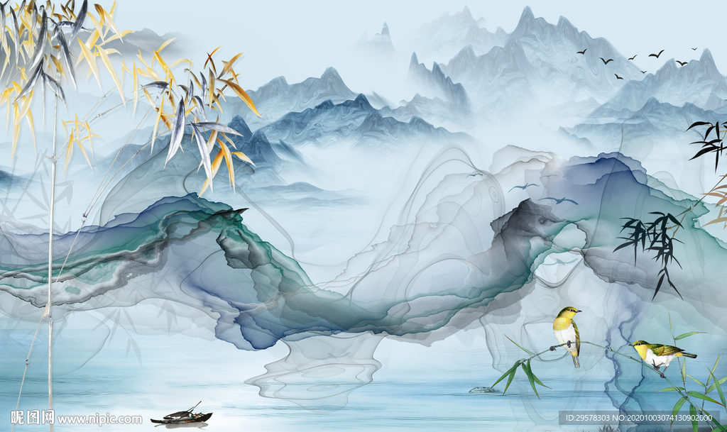 线条山水客厅背景 TIF分层