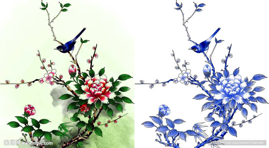 青花瓷花纹叠翠图