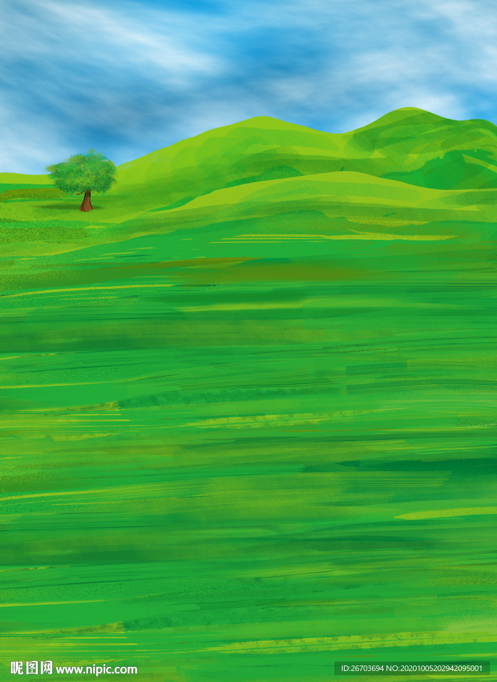 蓝天白云草原PSD手绘插画