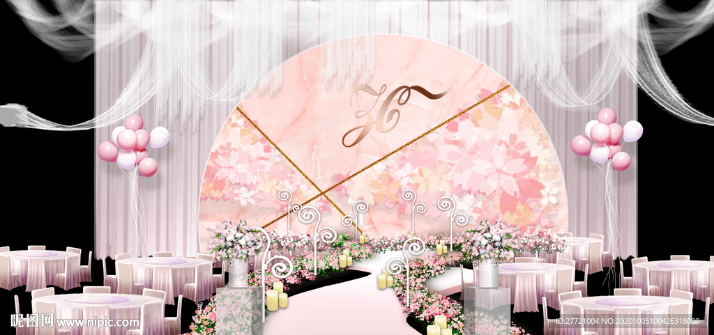 粉色大理石纹金色框欧式婚典背景