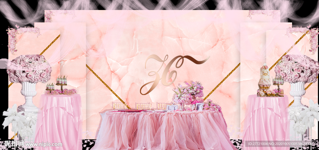 粉色大理石纹金色框欧式婚典背景