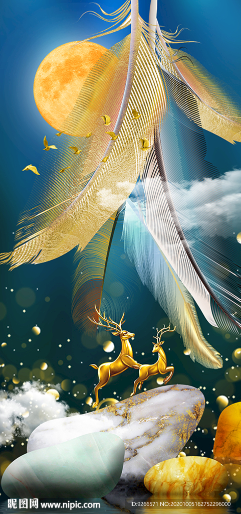 麋鹿抽象羽毛玄关晶瓷画装饰画