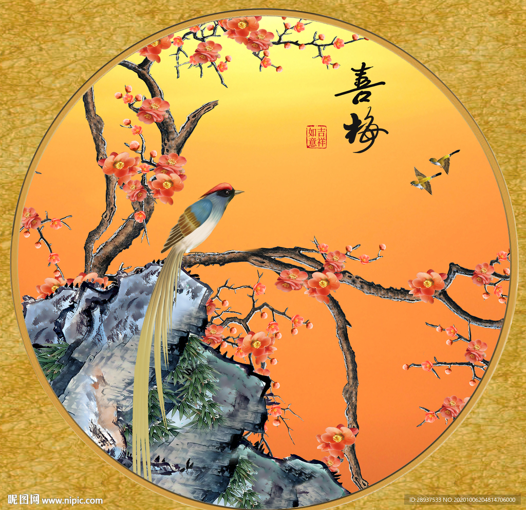 原创梅花喜鹊圆型装饰画