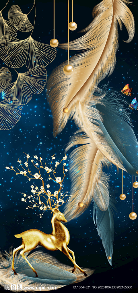 浪漫星空轻奢羽毛麋鹿装饰画玄关