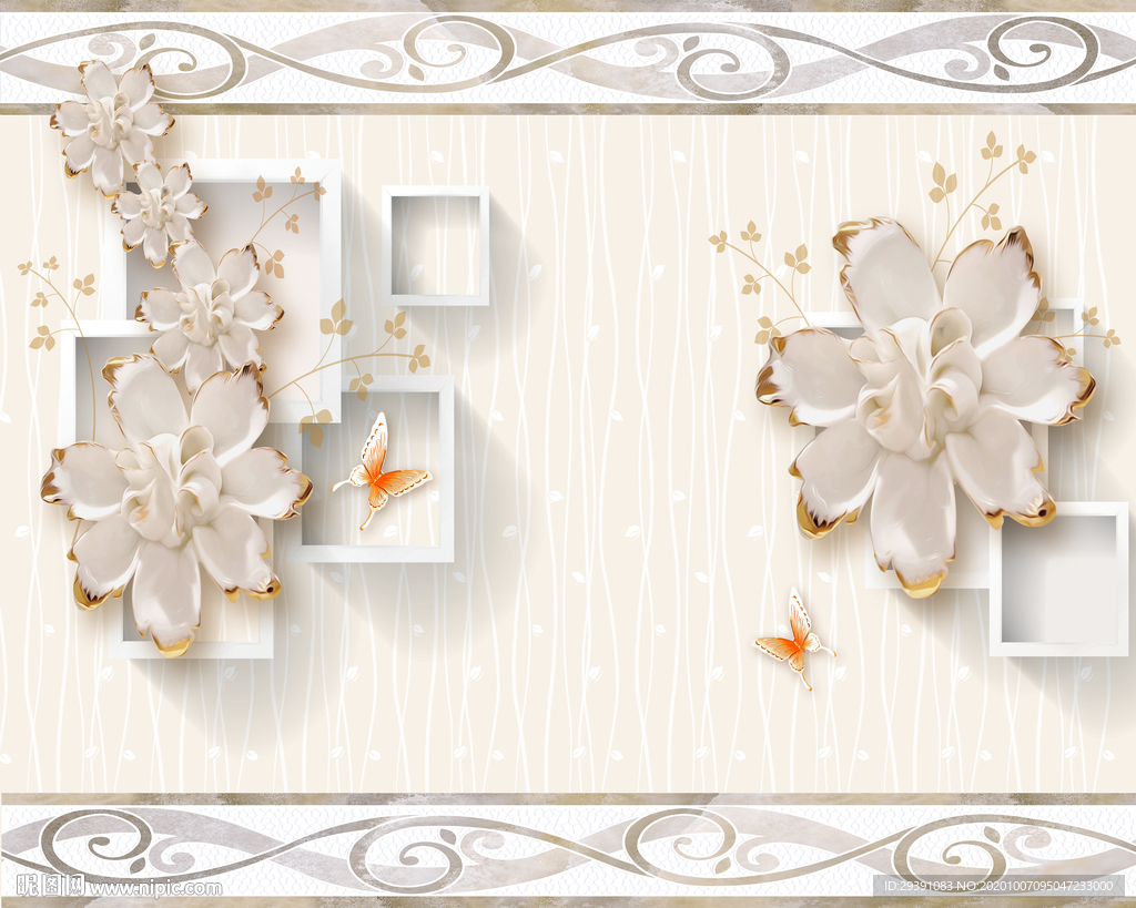 玉雕琉璃花珍珠蝴蝶方框立体壁画