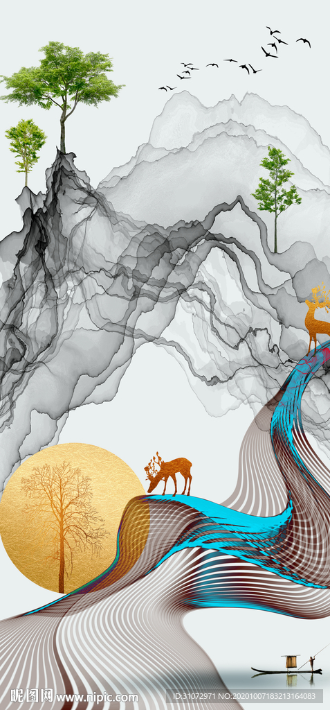 清新轻奢叶子装饰画玄关背景手绘