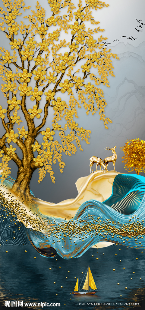 发财树麋鹿抽象装饰画玄关画