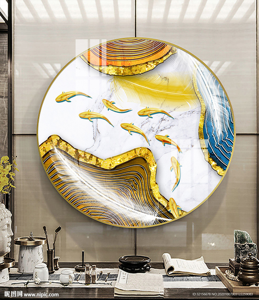 新中式水墨山水金箔意境风景装饰