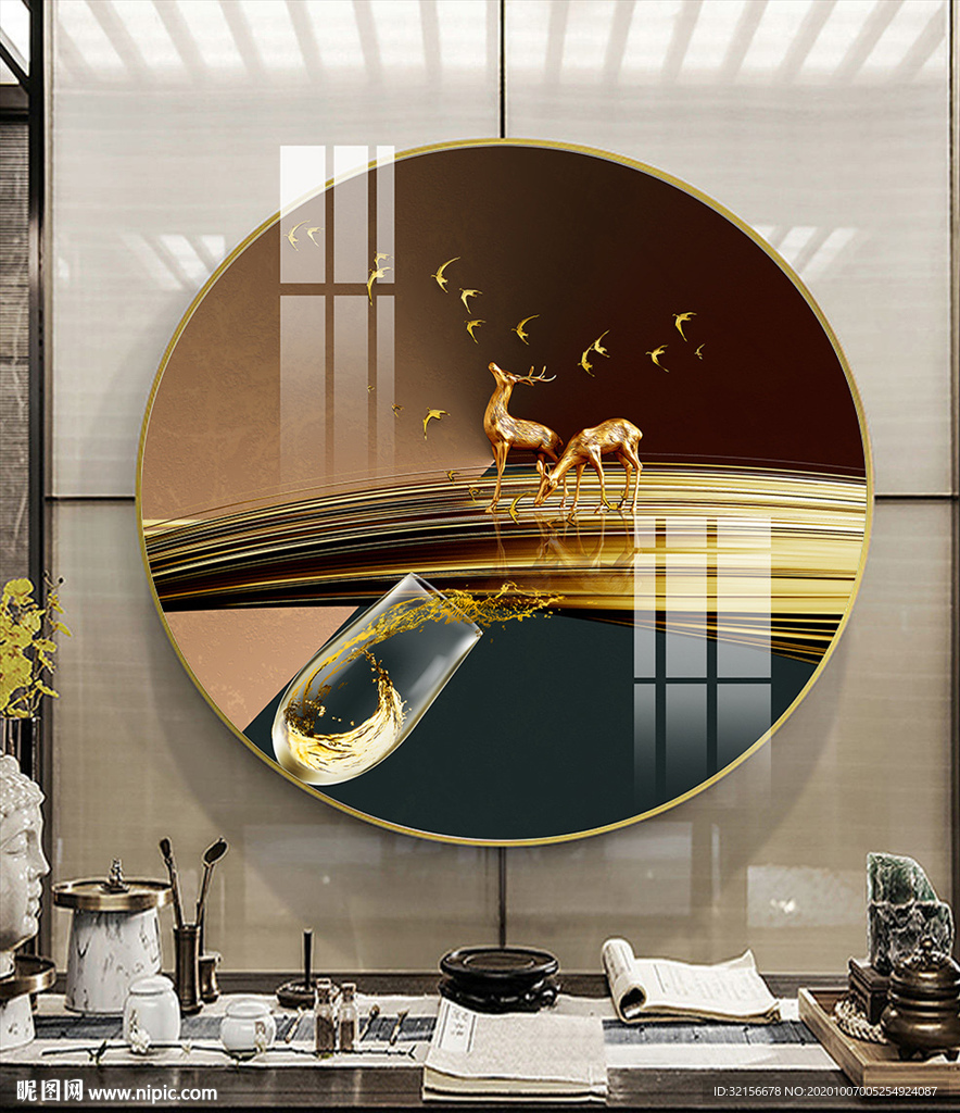 新中式创意意境鹿飞鸟艺术装饰画