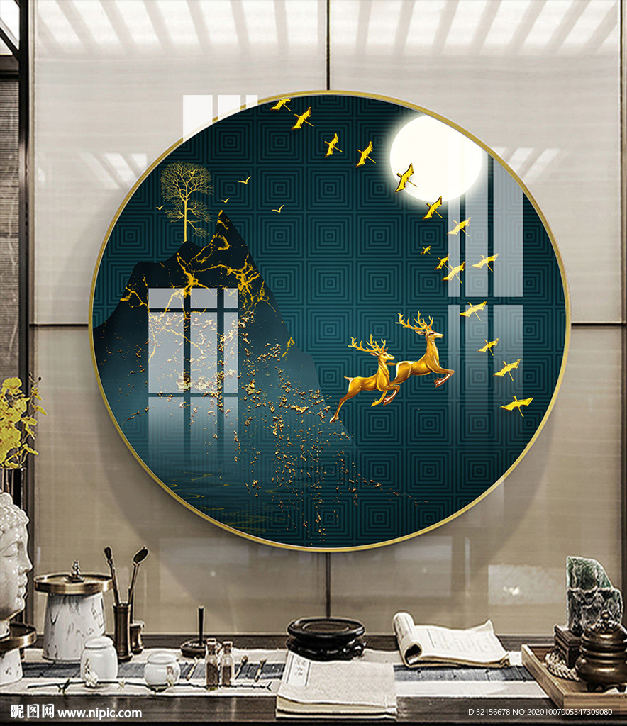 新中式创意意境鹿飞鸟艺术装饰画