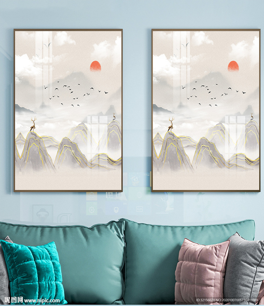 新中式水墨创意鹿飞鸟艺术装饰