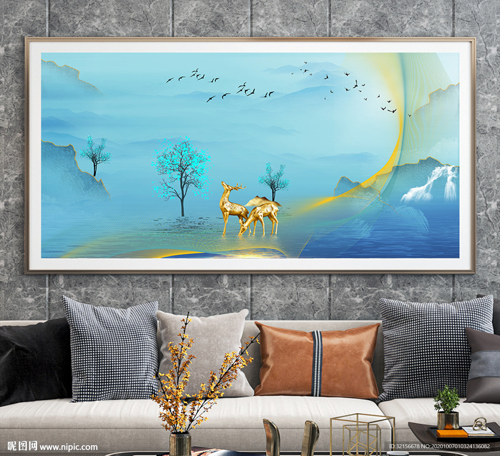 新中式水墨线条山水风景艺术装饰