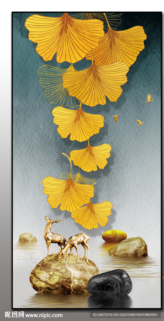 麋鹿装饰画 黄金叶