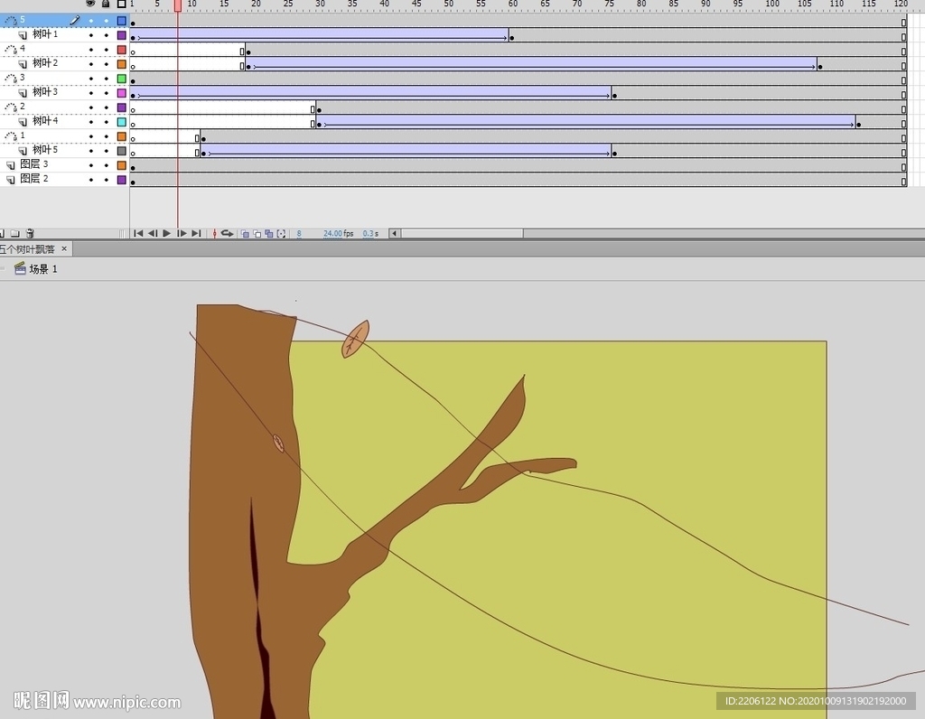枯树树叶飘落引导线动画5秒作业