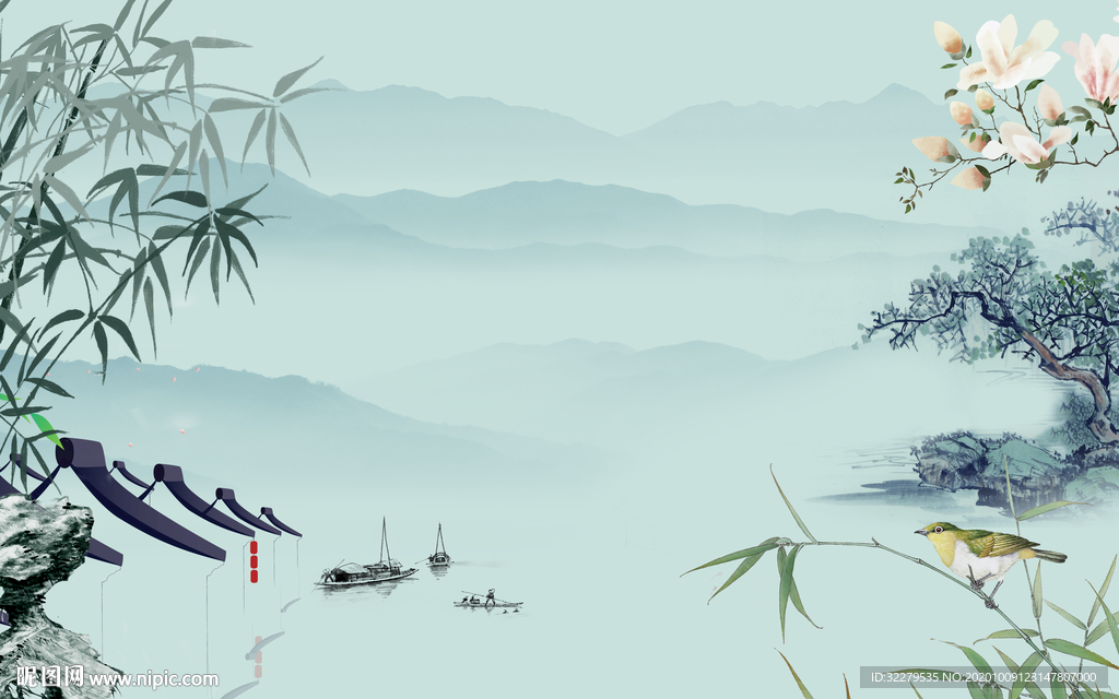 中式 高清山水画 文件分层画