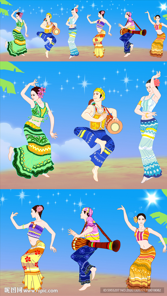 傣族民族舞蹈男女青年手绘墙绘图片