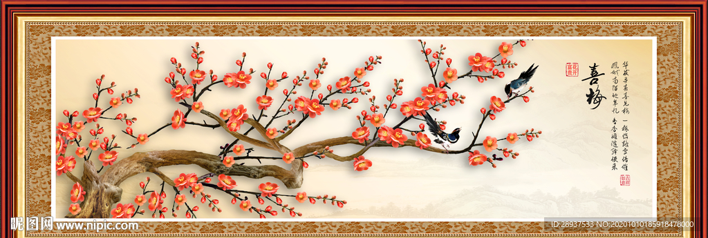 原创高清梅花喜鹊装饰画