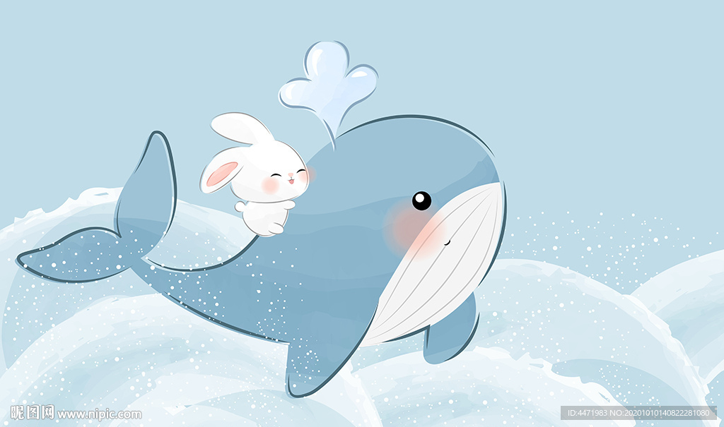 北欧手绘海洋兔子鲸鱼儿童房