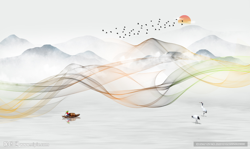 抽象线条国画山水背景墙