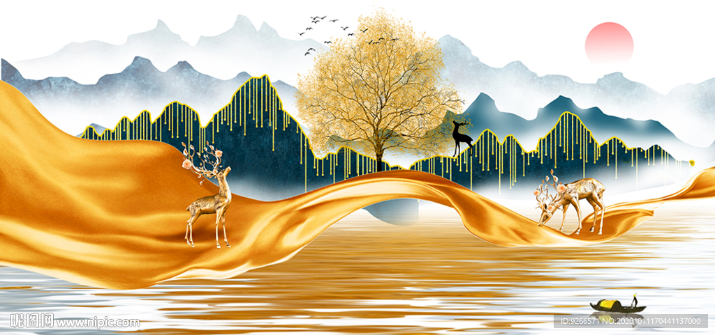 轻奢麋鹿山水抽象卧室装饰画