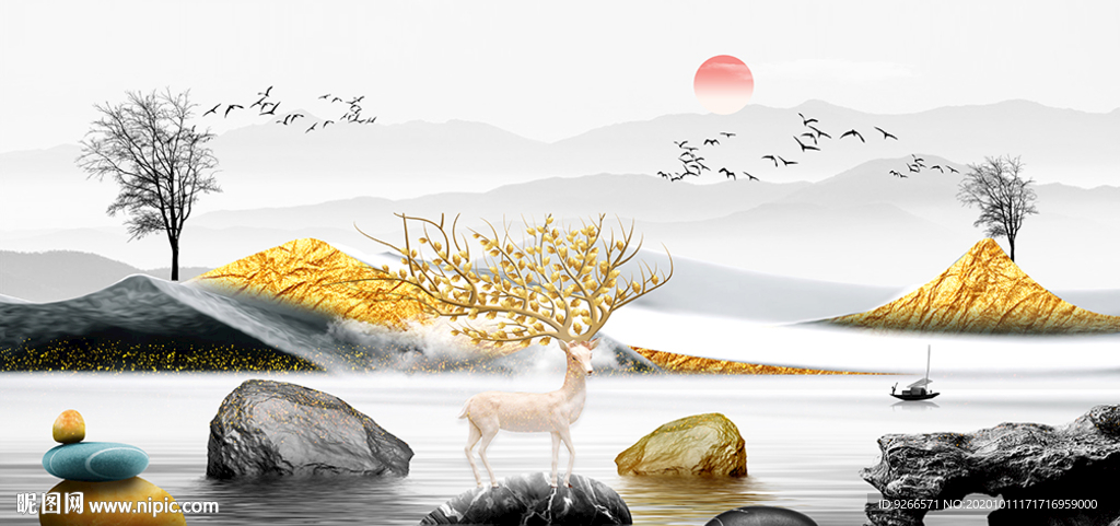 石来运转轻奢麋鹿抽象卧室装饰画