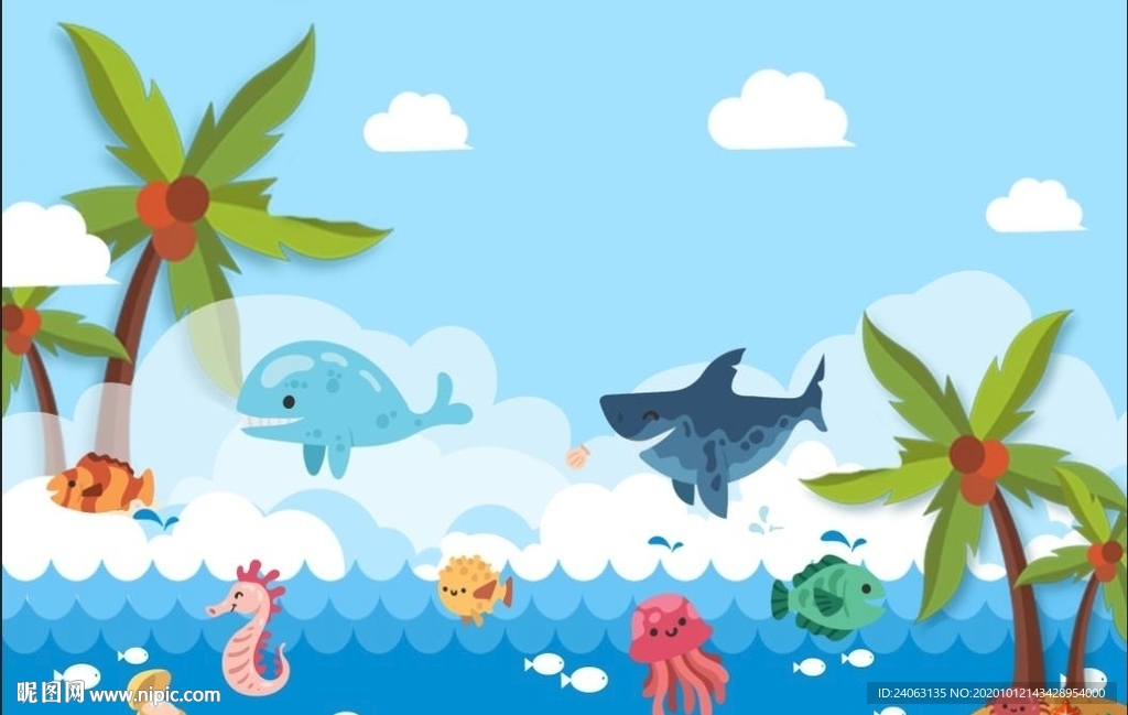 卡通鲸鱼海底动物手绘儿童房背景