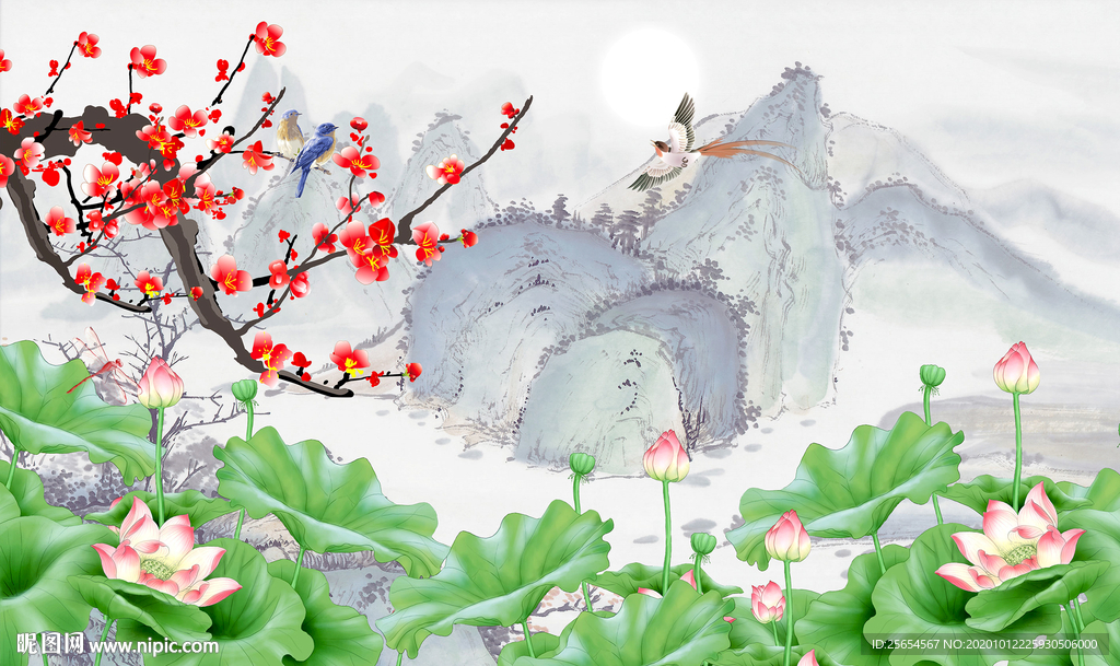 荷花国画电视背景墙