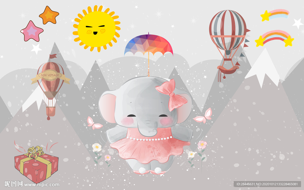 北欧卡通手绘儿童房背景墙