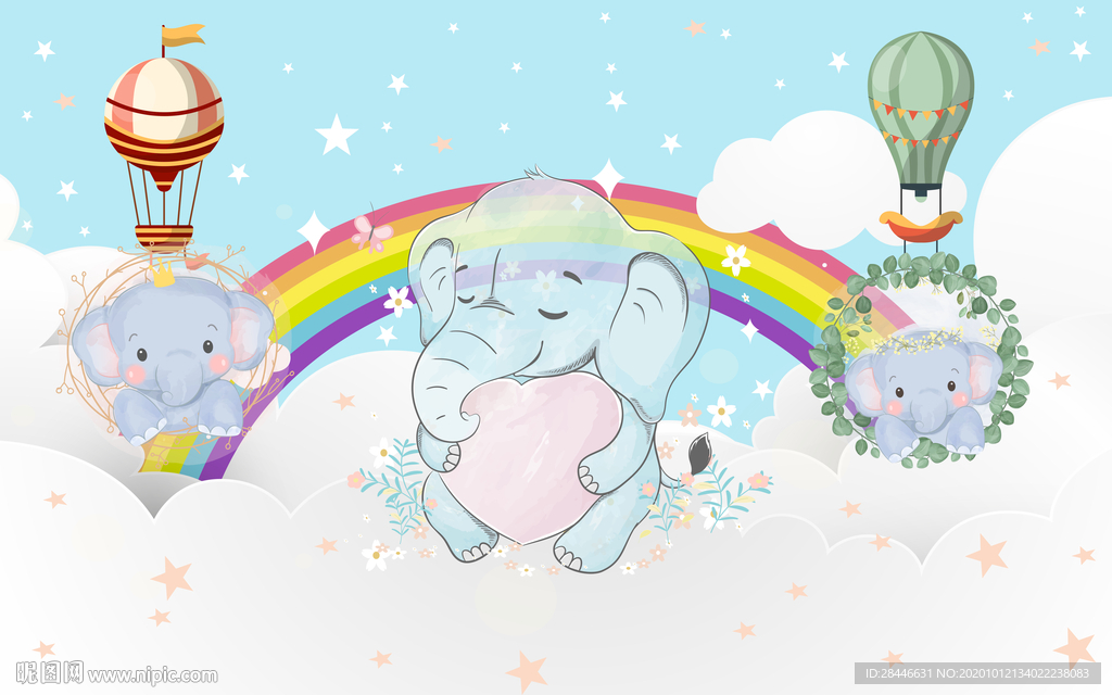 北欧卡通手绘儿童房背景墙