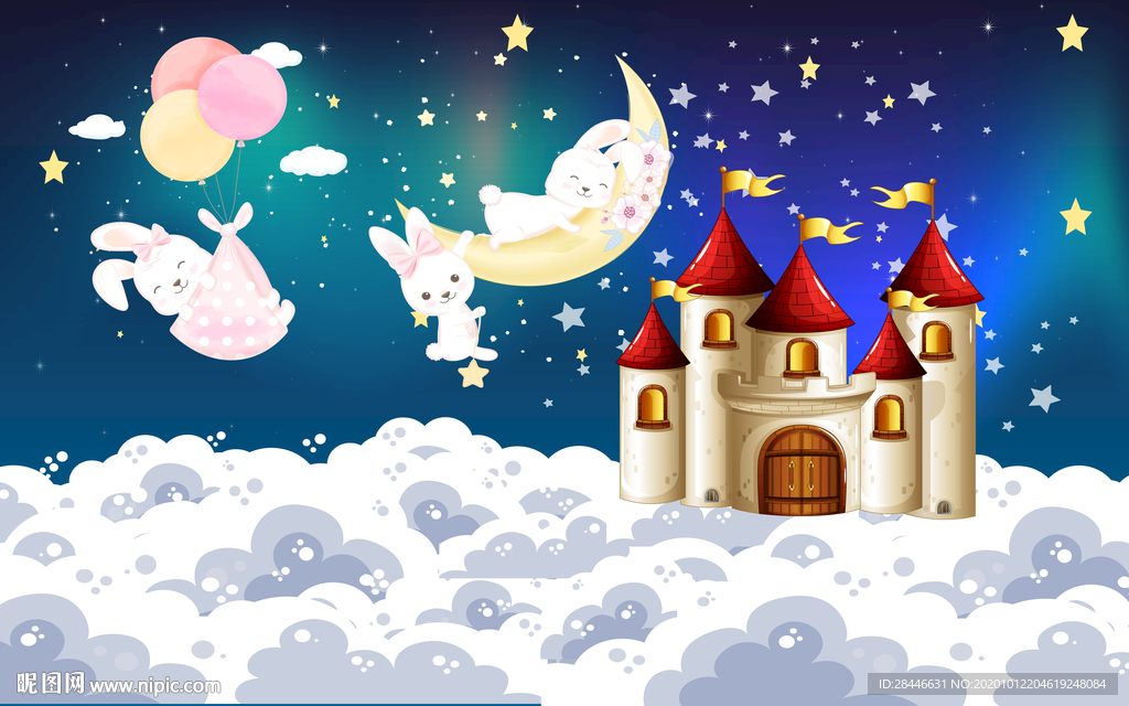 北欧卡通手绘儿童房背景墙