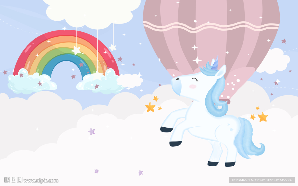 北欧卡通手绘儿童房背景墙