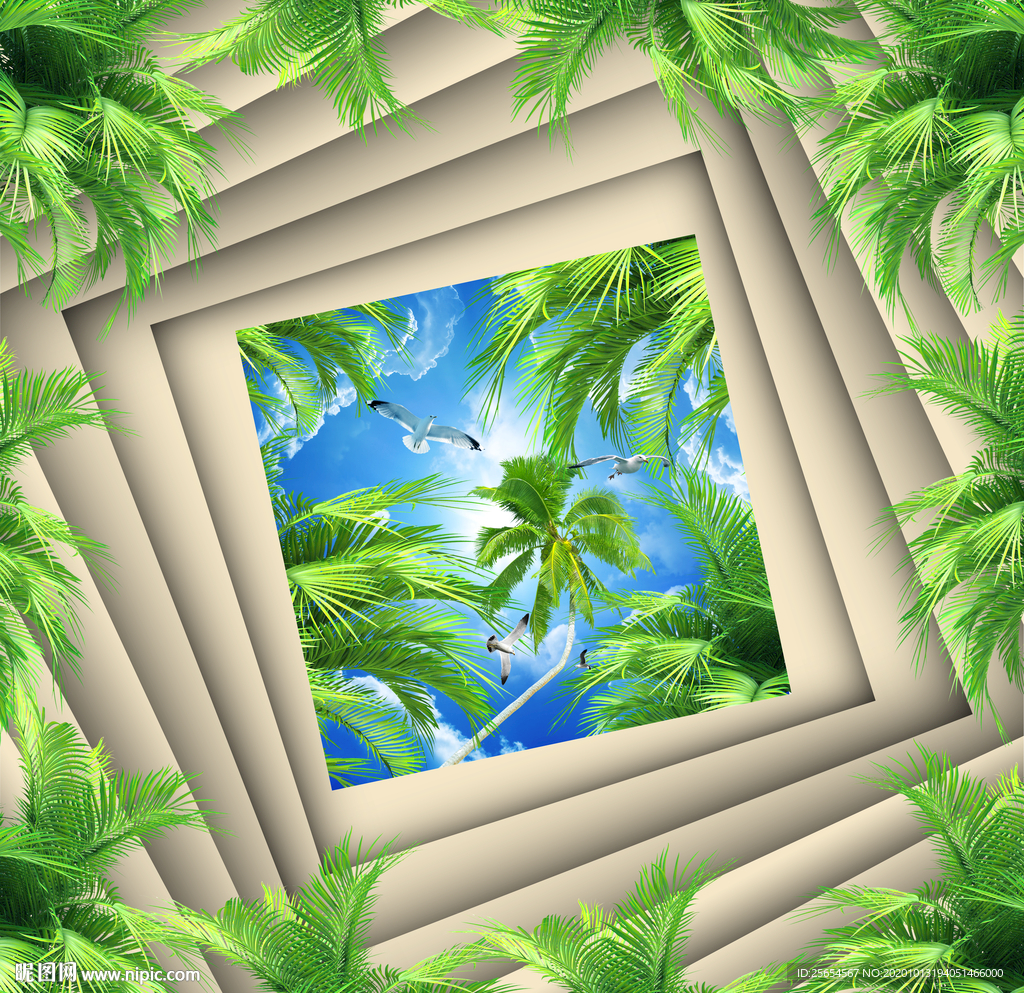 椰树蓝天白云天顶壁画