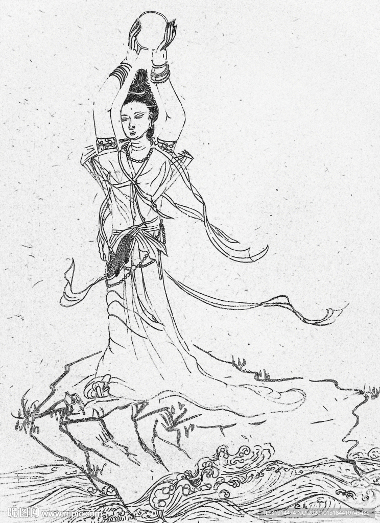 毛笔线条版渔女捧珠