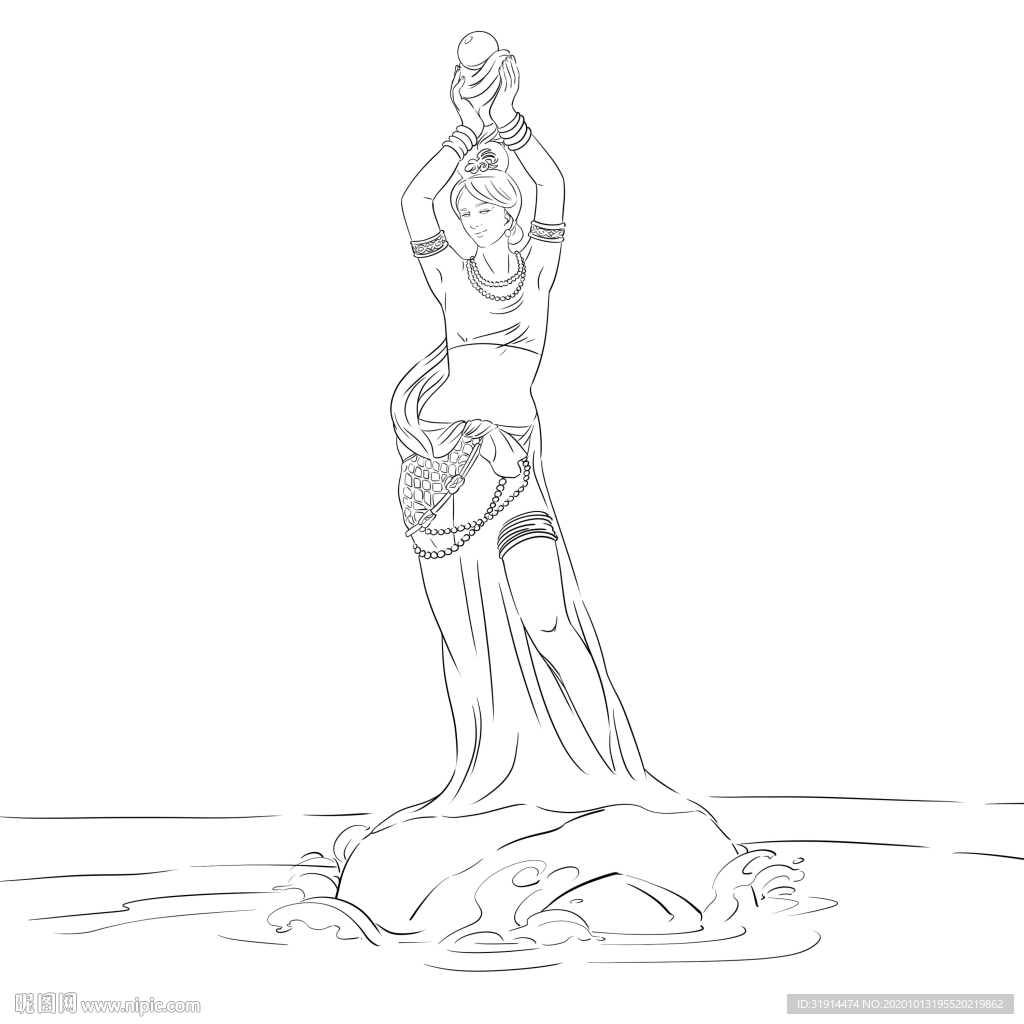 手绘渔女捧珠