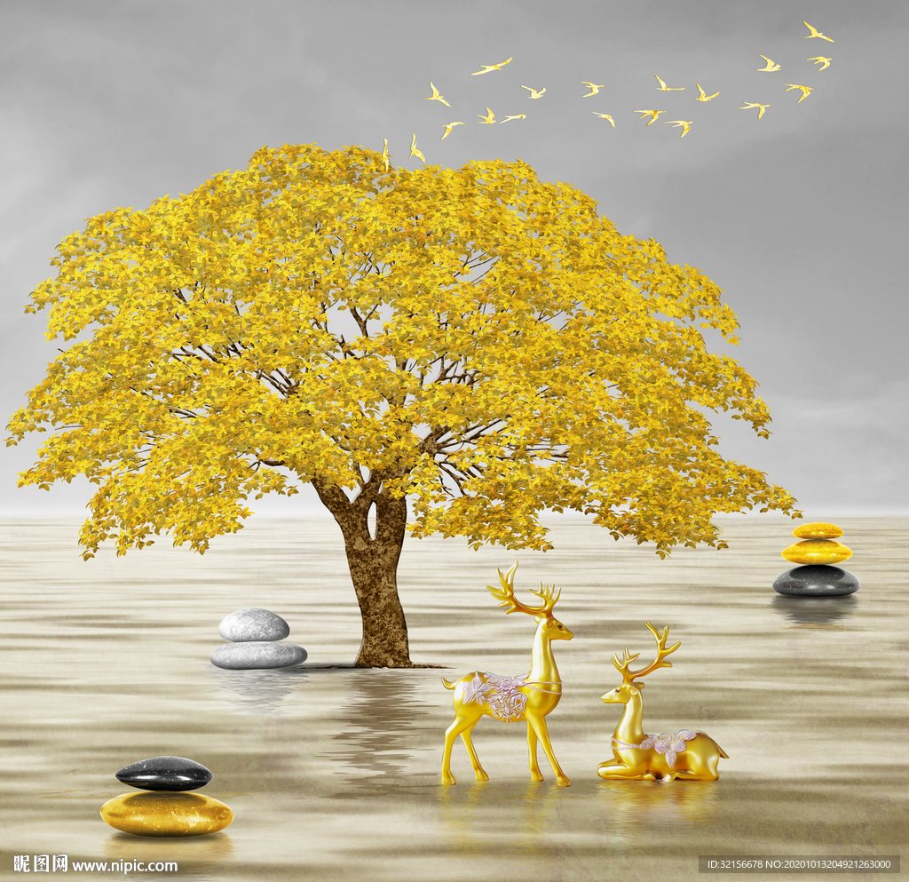 发财树麋鹿装玄关装饰画