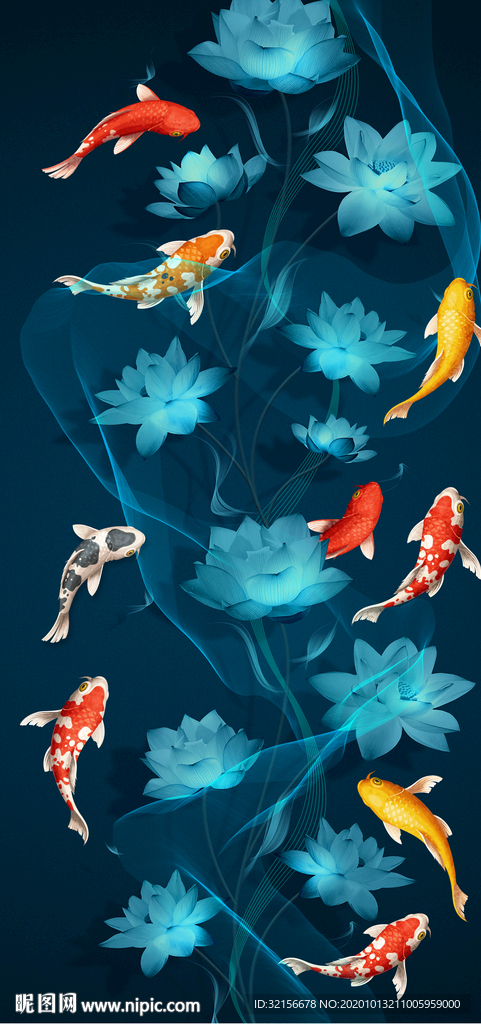 玄关荷花九鱼装饰画