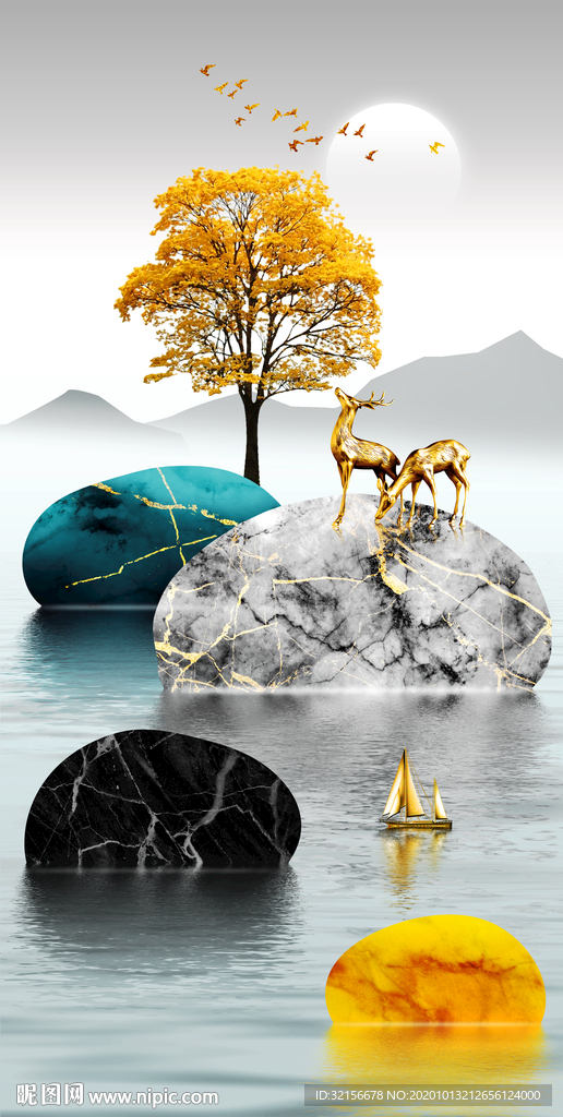 发财树麋鹿玄光装饰画