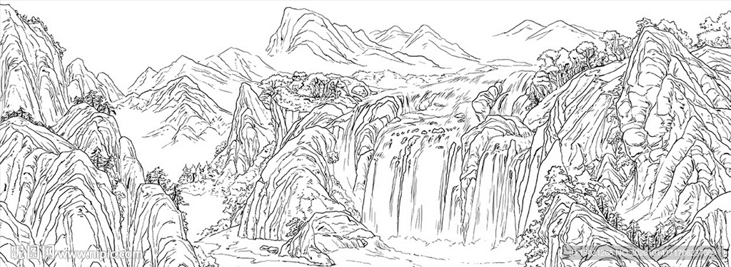 山水白描手绘速写