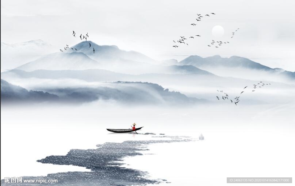 新中式水墨山水飞鸟背景墙